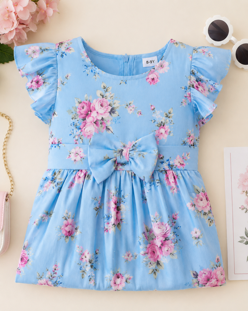 Kids Girls Frock – Sky Blue Floral