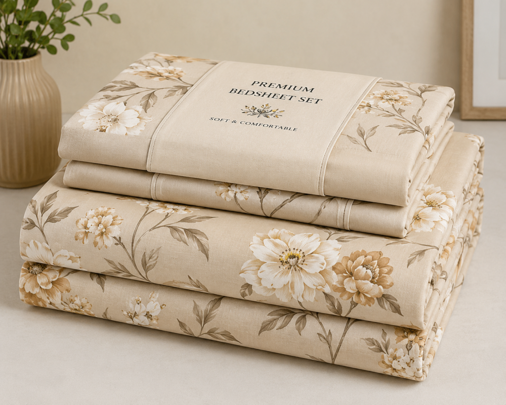 Premium Bedsheet Set – Floral Beige