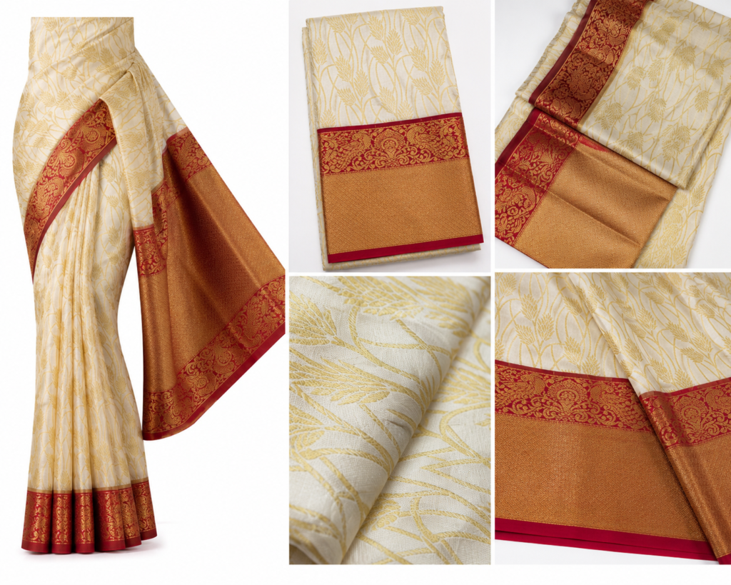 Cream & Gold Woven Designer Saree with Maroon Zari Border