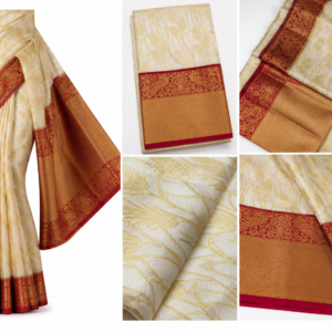 Cream and gold designer saree with maroon red zari border