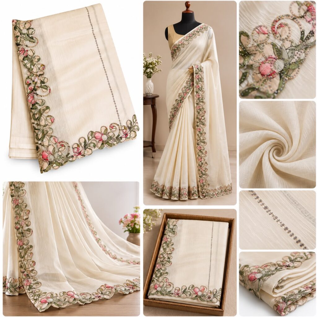 “Luxury in Every Drape – Off White Satin Chiffon Saree with Swarovski Magic!”