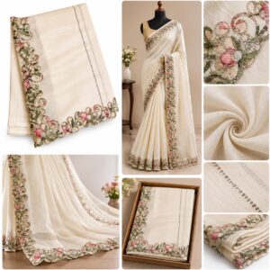 Cream Floral Embroidery Saree