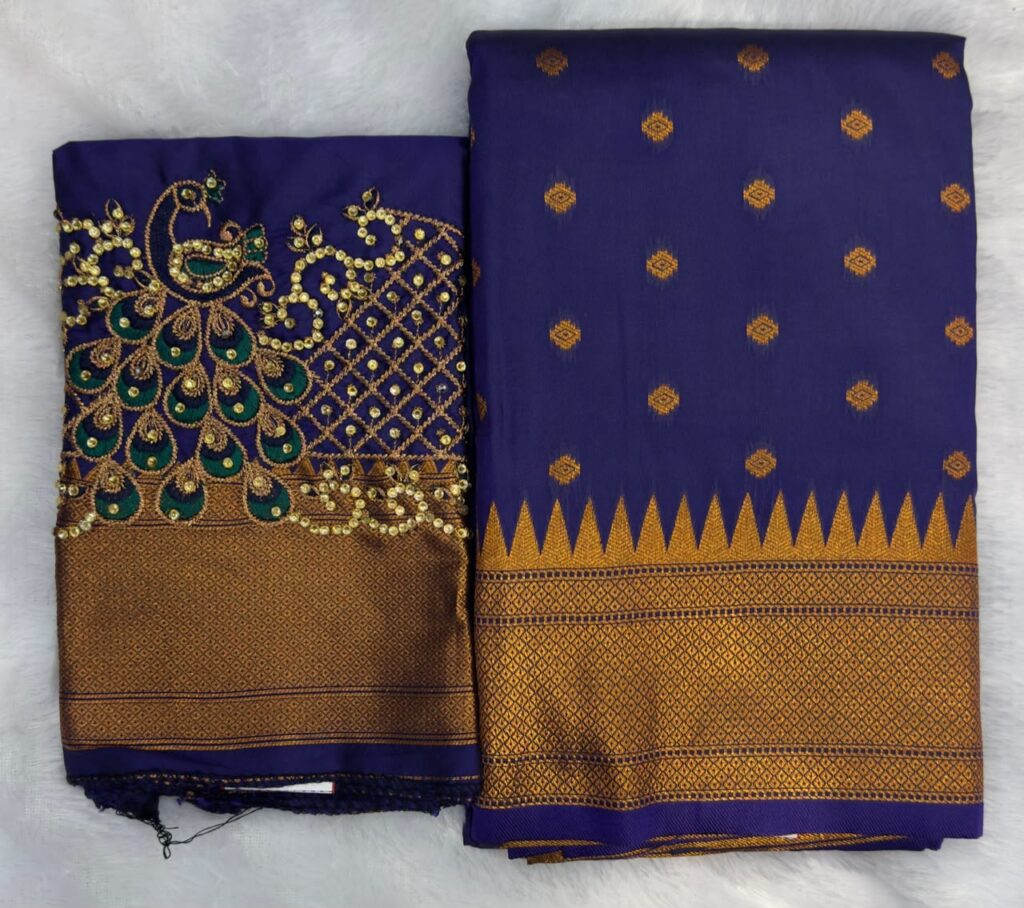 Royal Purple Designer Saree with Peacock Embroidery & Golden Woven Border