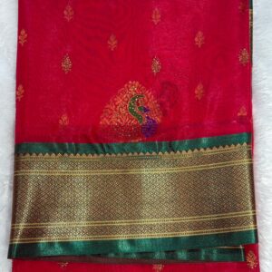 Red Designer Silk Saree with Peacock Motif & Green-Gold Border