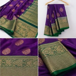 Purple and Green Softy Silk Saree with Gold Zari Border
