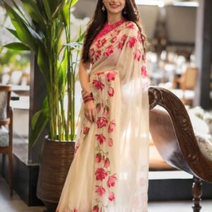 Pink & White Floral Embroidered Designer Saree
