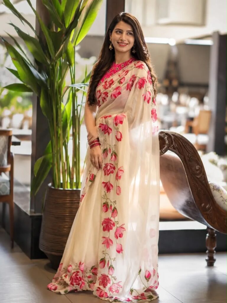 Pink & White Floral Embroidered Designer Saree